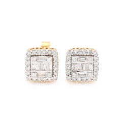 10k Yellow Gold 0.67CTW Round/Baguette Natural Diamond Square Earrings Unisex Studs 3.1g
