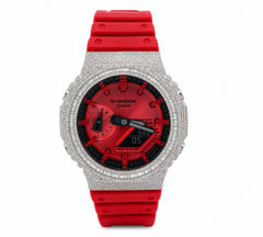 Mens ICED OUT Casio G-Shock GA2100 4.6CTW Natural Diamond Vibrant Red Face and Strap WatchAll Red