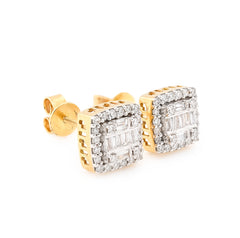 10k Yellow Gold 0.67CTW Round/Baguette Natural Diamond Square Earrings Unisex Studs 3.1g