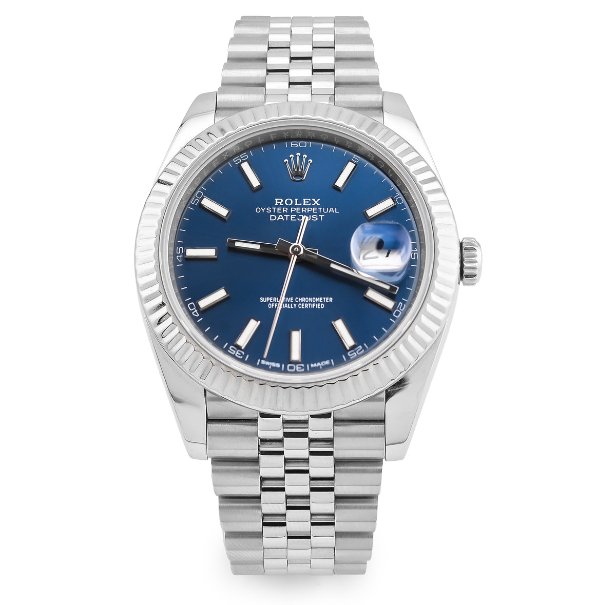 Original 41MM Rolex Datejust Stainless Steel Jubilee Band Fluted Blue Face Watch