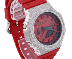 Mens ICED OUT Casio G-Shock GA2100 4.6CTW Natural Diamond Vibrant Red Face and Strap WatchAll Red