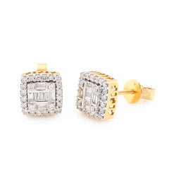 10k Yellow Gold 0.67CTW Round/Baguette Natural Diamond Square Earrings Unisex Studs 3.1g