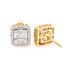 10k Yellow Gold 0.67CTW Round/Baguette Natural Diamond Square Earrings Unisex Studs 3.1g