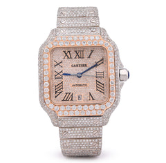 Mens 40MM Cartier Santos 17CTW Natural Diamond Bussdown 2-Tone Rose Bezel Watch