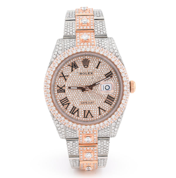 Rolex DJ 41MM 20.5CT Natural Diamond 10 Pointers 2 Tone Rose & White Bussdown Roman Numeral Oyster Band Watch