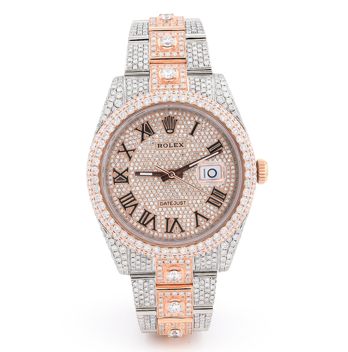 Rolex DJ 41MM 20.5CT Natural Diamond 10 Pointers 2 Tone Rose & White Bussdown Roman Numeral Oyster Band Watch