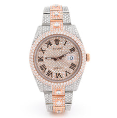 Rolex DJ 41MM 20.5CT Natural Diamond 10 Pointers 2 Tone Rose & White Bussdown Roman Numeral Oyster Band Watch