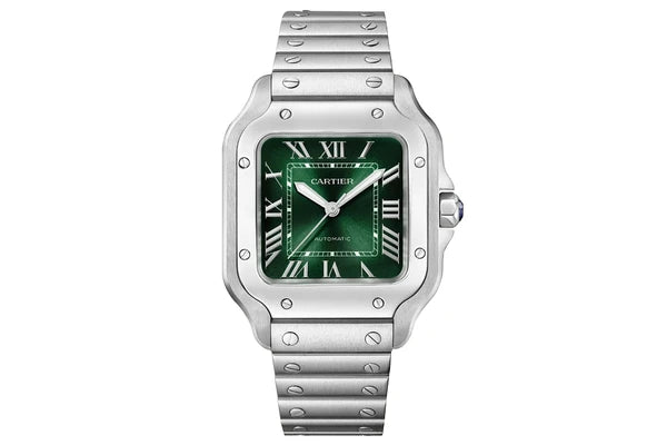 Cartier Santos 40mm Green Dial Stainless Steel Green Leather Strap Watch WSSA0062