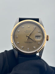 Rolex Datejust 36 Champagne Diamond Dial on Generic Black Leather Band Ref. 16233