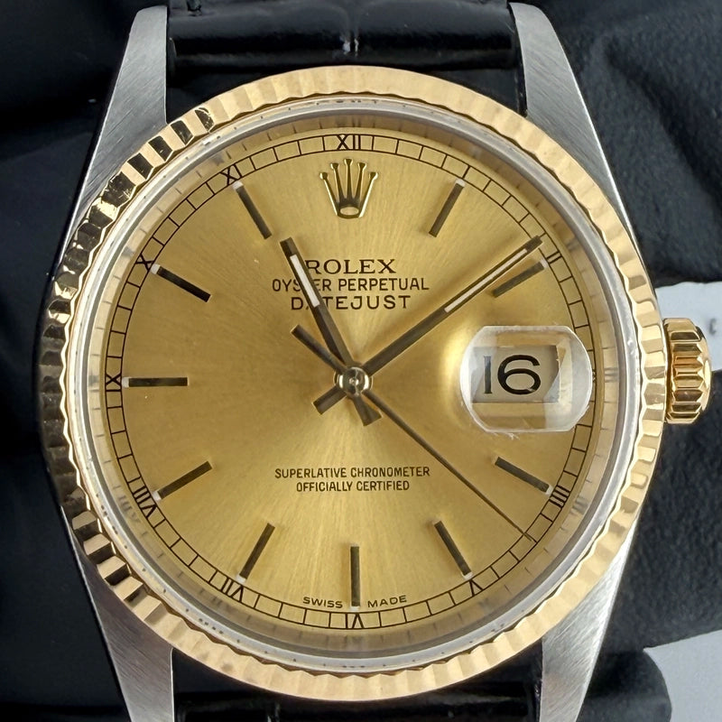 Rolex Datejust 36 Champagne Stick Dial on Generic Leather Strap Ref. 16233 1996
