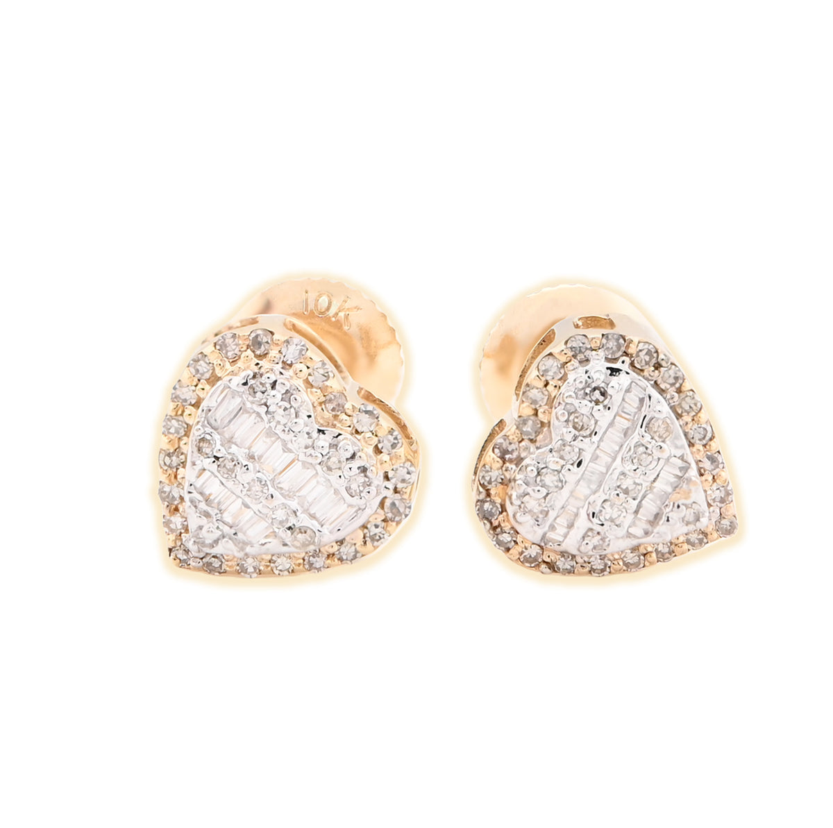 Womens 10k Yellow Gold 0.50 CTW Round/Baguette Natural Diamond Heart Shape Earring Studs 1.4g