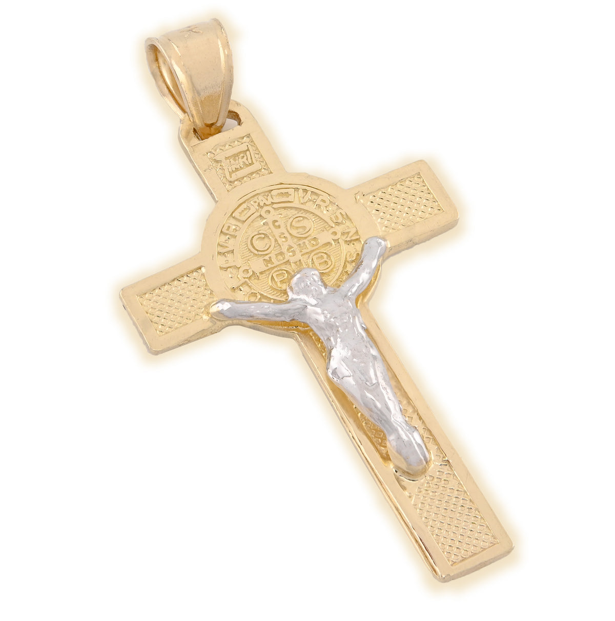 14k Gold 1.8gm St. Benedict San Benito Jesus Cross Crucifix Pendant 2-Tone Charm