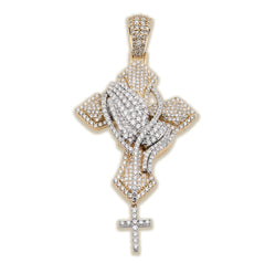 10k 2-Tone Gold 21.7g 4.8CTW Lab Grown Diamond Praying Hand Cross Dangle Pendant