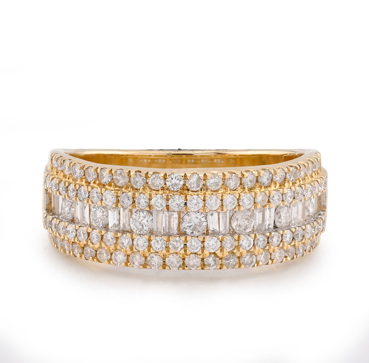 10k Yellow Gold Round/Baguette Centre 2 Row 1.20 CTW Natural Diamond Men Band 6.1g