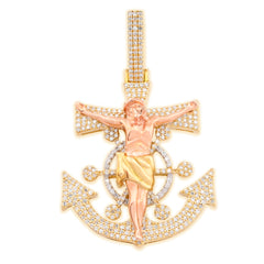 10k Yellow/Rose Gold 7.4gms 0.65 CTW Diamond Jesus Anchor Cross Crucifix Pendant