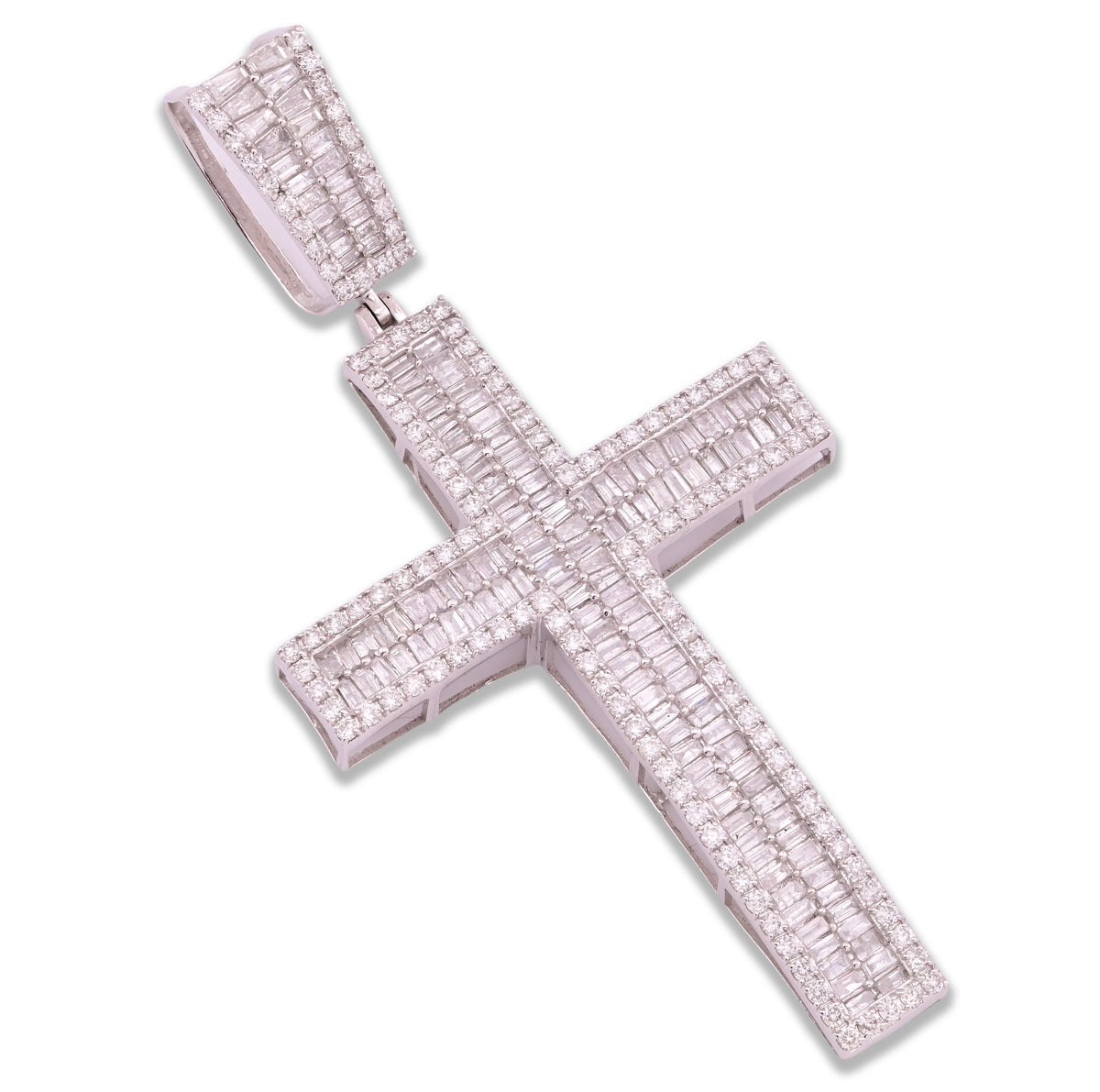 ICED 10k White Gold 11.6g 3.5CTW Real Round/Baguette Diamond Cross Pendant Charm