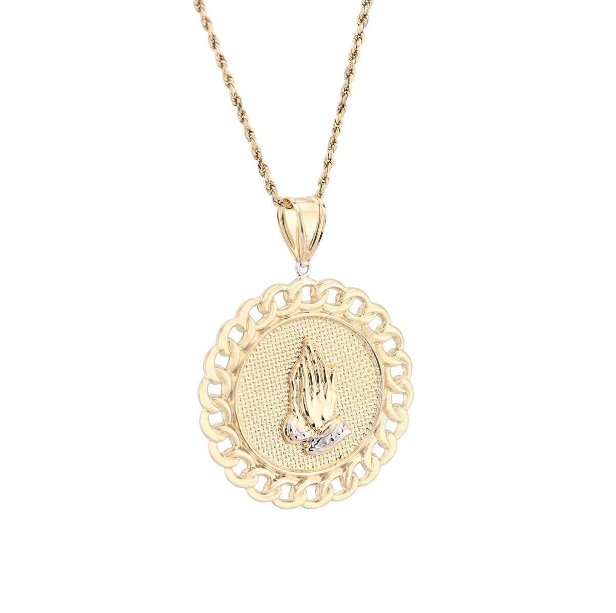1/10th 10k Gold Bonded 925 Praying Hand Cuban Link Pendant Two Tone 9.6gms Charm