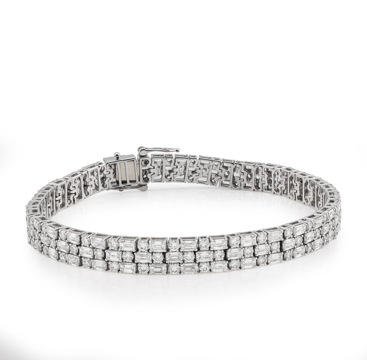 6.5MM 14k White Gold 11.25CTW Lab Diamond Three Row Round/Baguette 7.25" Tennis Bracelet 17.3g