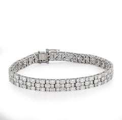 6.5MM 14k White Gold 11.25CTW Lab Diamond Three Row Round/Baguette 7.25" Tennis Bracelet 17.3g