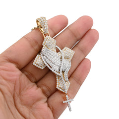 10k 2-Tone Gold 21.7g 4.8CTW Lab Grown Diamond Praying Hand Cross Dangle Pendant