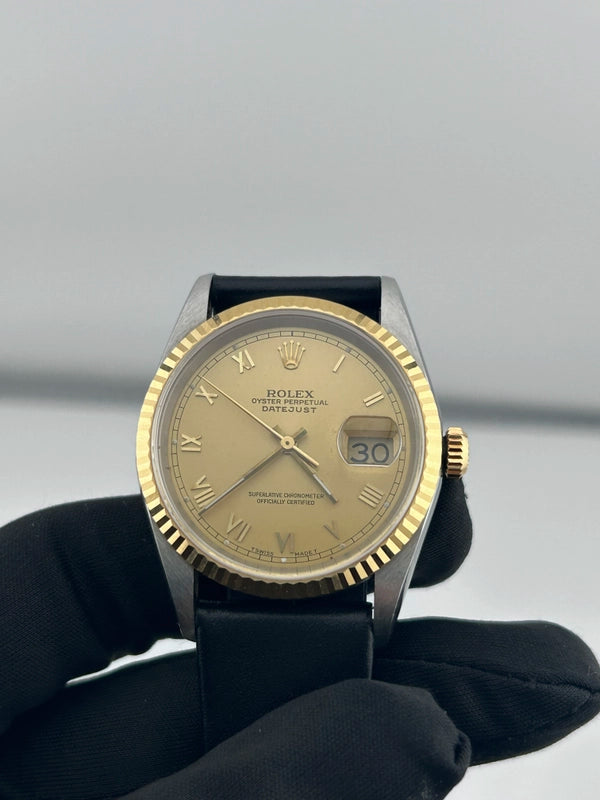 Rolex Datejust 36 Champagne Roman Dial on Generic Black Leather Band Ref. 16233