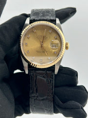 Rolex Datejust 36 Champagne Diamond Dial on Generic Black Leather Strap Ref. 16233 1989