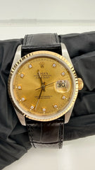 Rolex Datejust Champagne Diamond Factory Dial on Generic Black Leather Band Ref. 16233G 1991