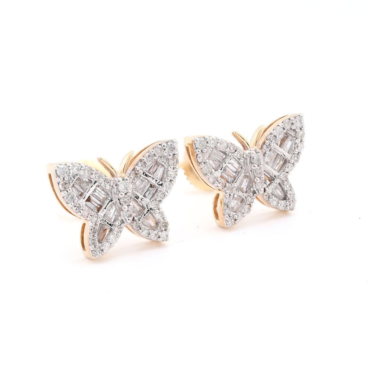 10k Yellow Gold 0.5CTW Baguette/Round Natural Diamond Butterfly 2.2gms Stud