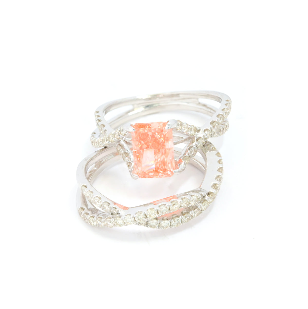 14k White Gold 3.21CTW Lab Diamond Peach Solitaire w/ Infinity Band 6.8g Ring