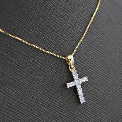 10k Yellow Gold 0.25CTW Natural Diamond Cross Charm 0.9g Pendant with Box Chain