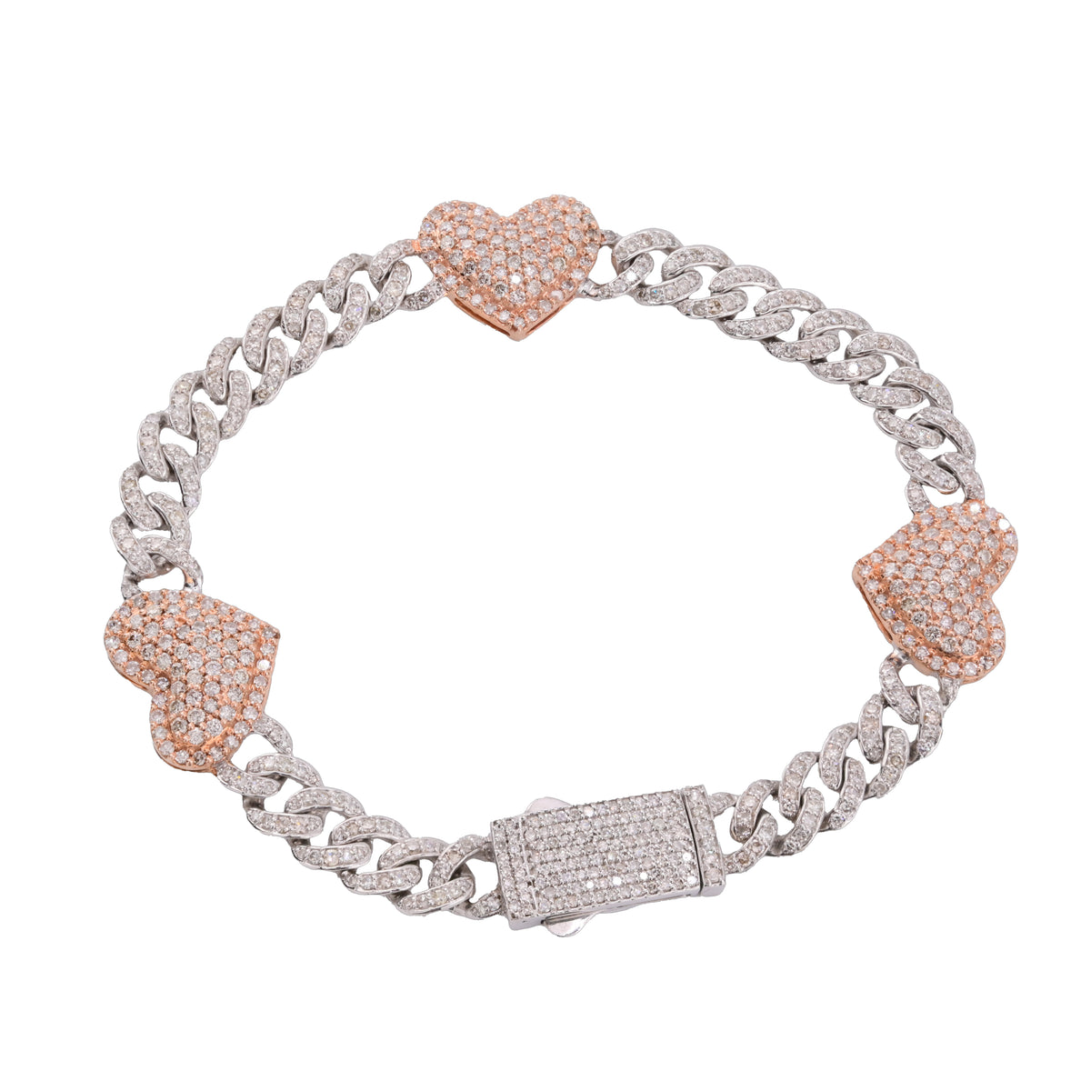 10k White & Rose Gold Women 3.18CT Diamond Cuban Heart Bracelet 13.8g 7In Armlet