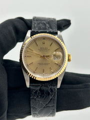 Rolex Datejust 36 Champagne Stick Dial on Generic Black Leather Strap Ref. 16233 1989