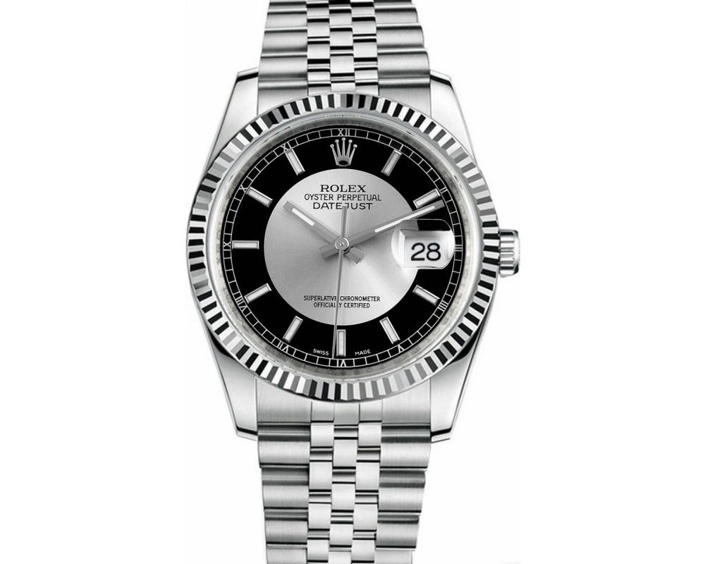 Rolex Datejust 36mm Stainless Steel 18k White Gold Fluted Bezel Black Tuxedo Dial Jubilee Watch 116234