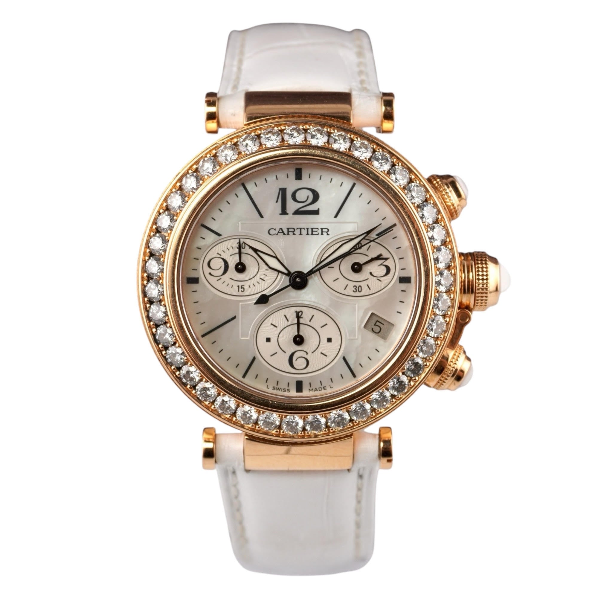 Cartier Pasha Seatimer 37mm 18k Rose Gold Silver Dial Factory Diamond Bezel White Leather Band Watch 3130