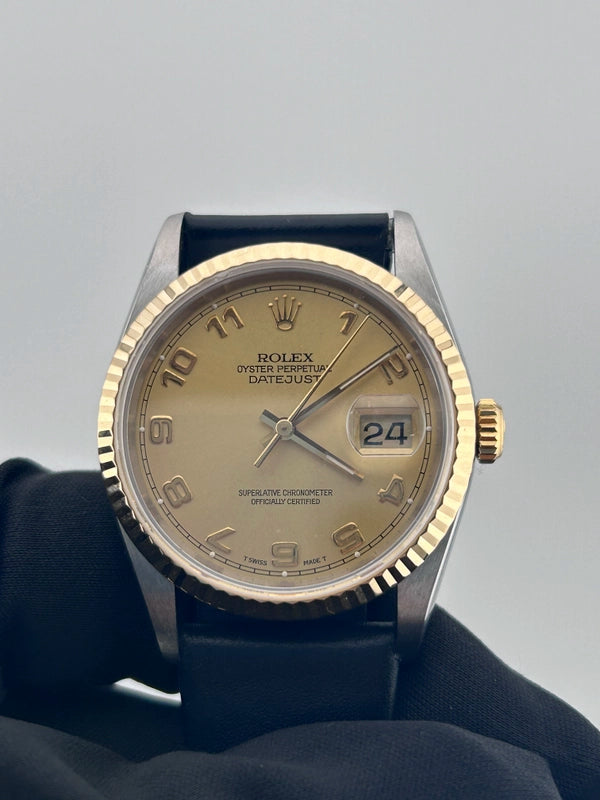 Rolex Datejust 36 Champagne Arabic Dial on Generic Black Leather Band Ref. 16233