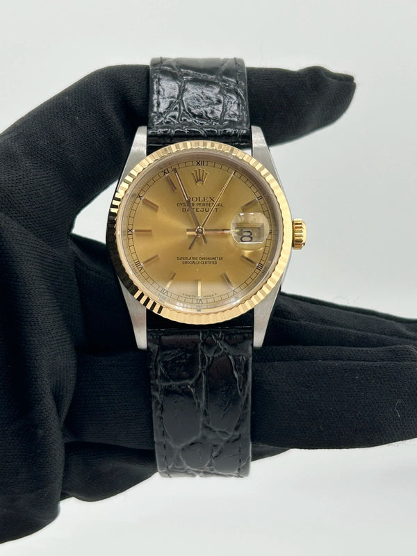 Rolex Datejust 36 Champagne Stick Dial on Generic Black Leather Strap Ref. 16233 1996