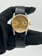 Rolex Datejust 36 Champagne Stick Dial on Generic Black Leather Strap Ref. 16233 1996