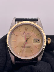 Rolex Datejust 36 Champagne Stick Dial on Generic Black Leather Strap Ref. 16233 1988