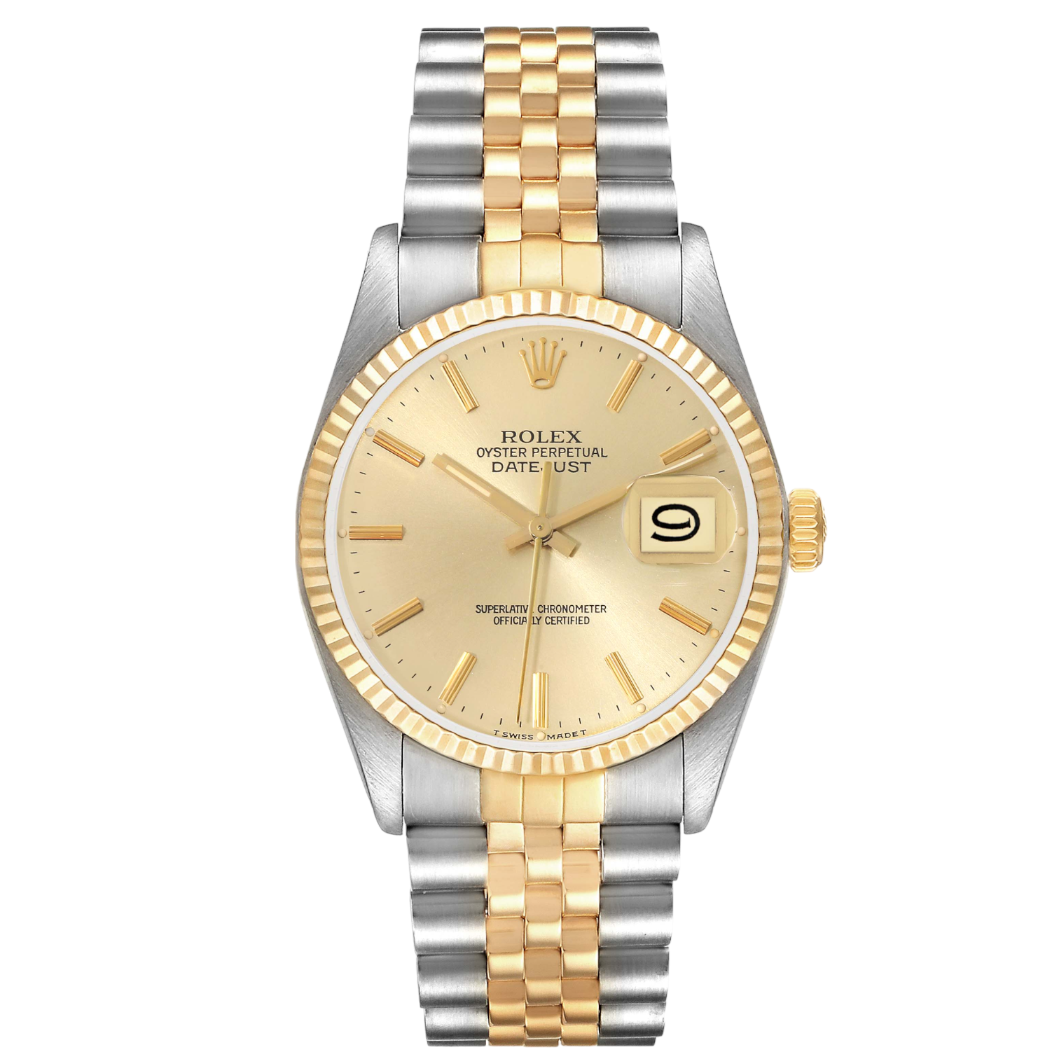 Rolex Datejust 36mm 2 Tone 18k Yellow Gold & Stainless Steel Champagne Dial Fluted Bezel Jubilee Watch 16013