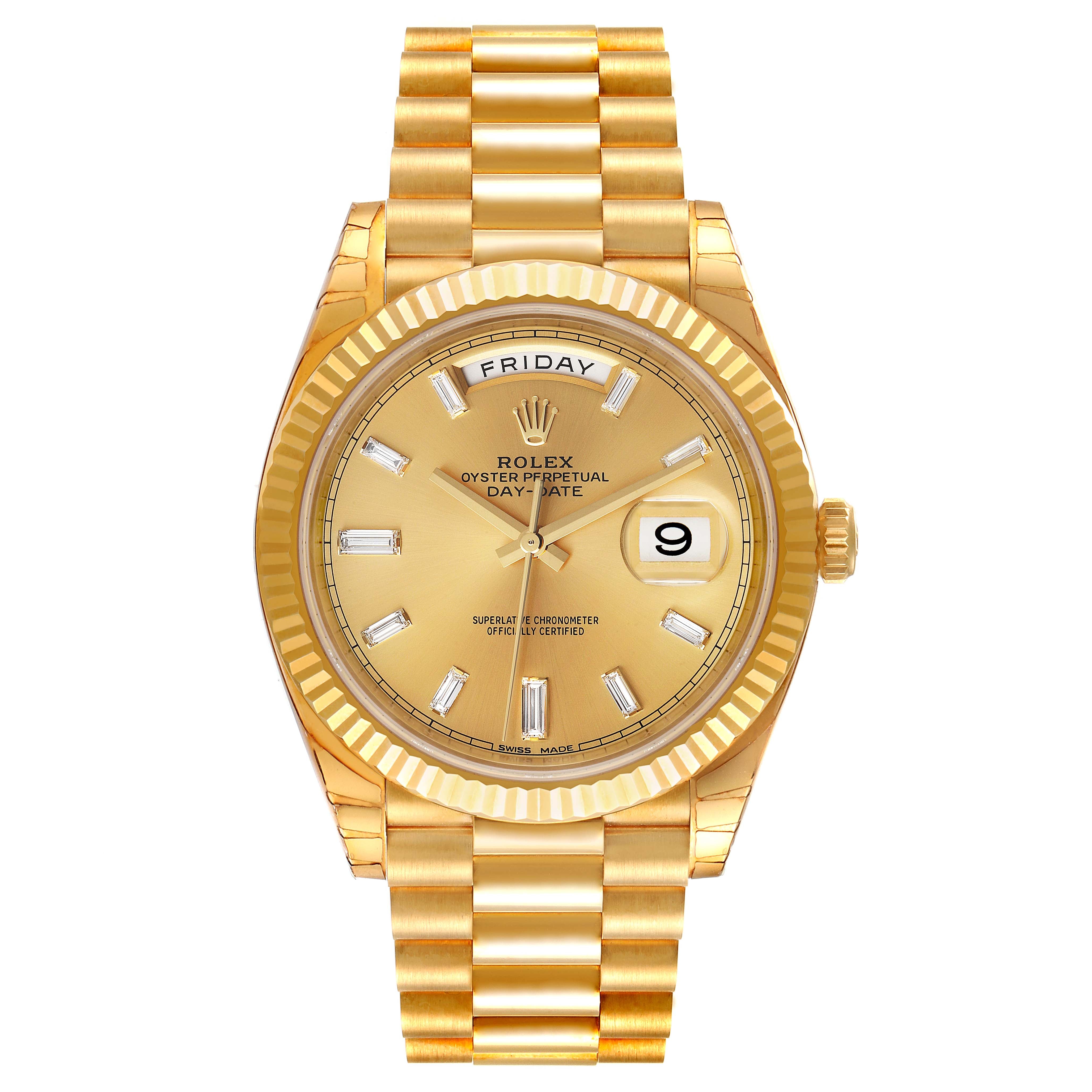 Rolex Day Date President 40mm 18k Yellow Gold Fluted Bezel Stick Diamond Dial Watch 228238