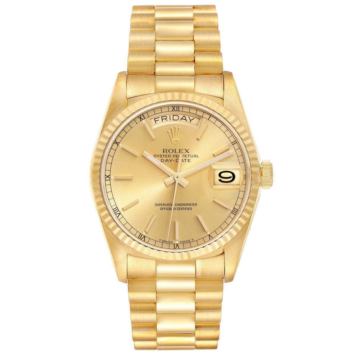 Rolex Day Date President 36mm 18k Yellow Gold Fluted Bezel Yellow Gold Champagne Dial Watch 18038