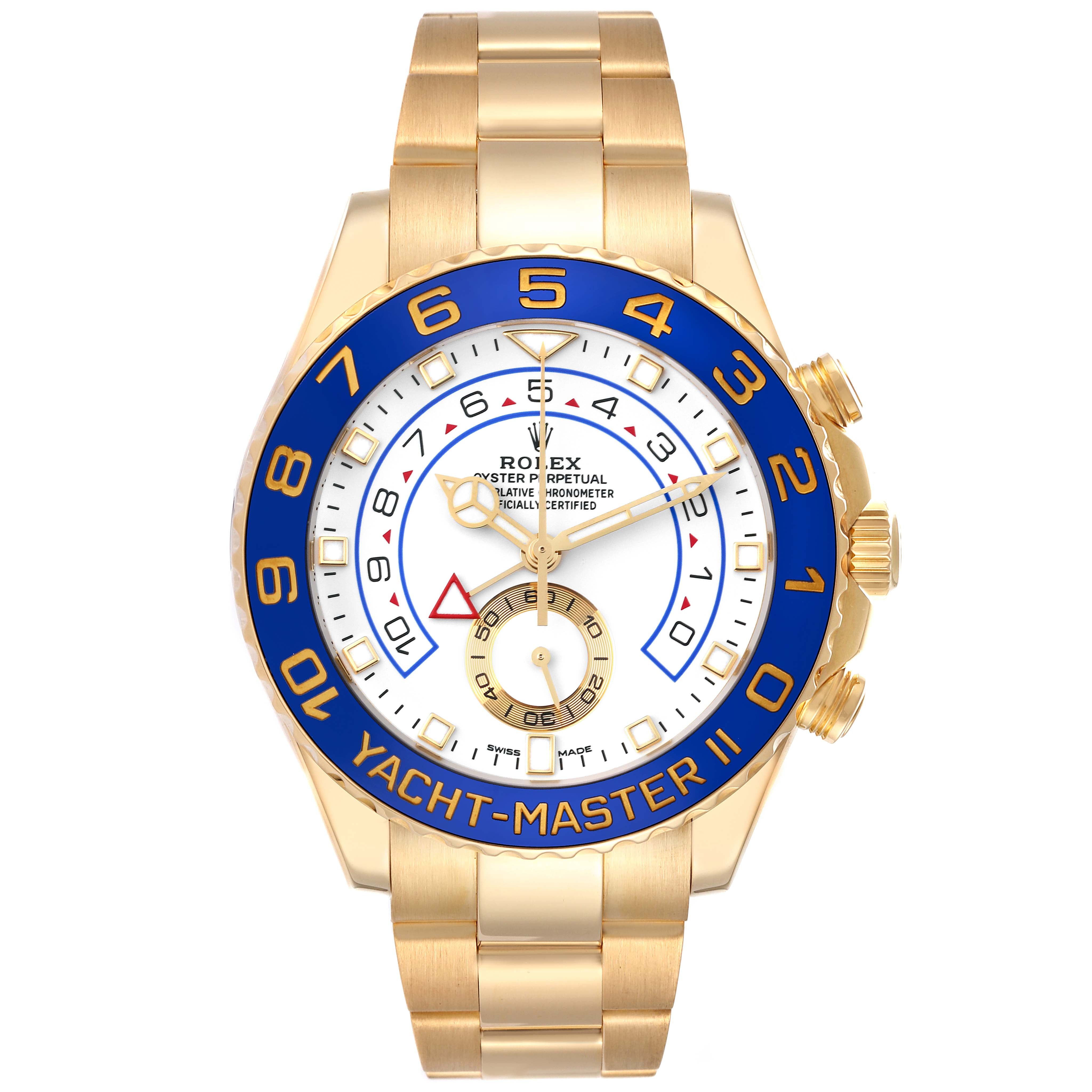 Rolex Yacht-Master II 44mm 18k Yellow Gold Blue Bezel & White Dial Oyster Steel Watch 116688