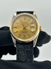 Rolex Datejust 36 Champagne Stick Dial on Generic Black Leather Strap Ref. 16233 1991