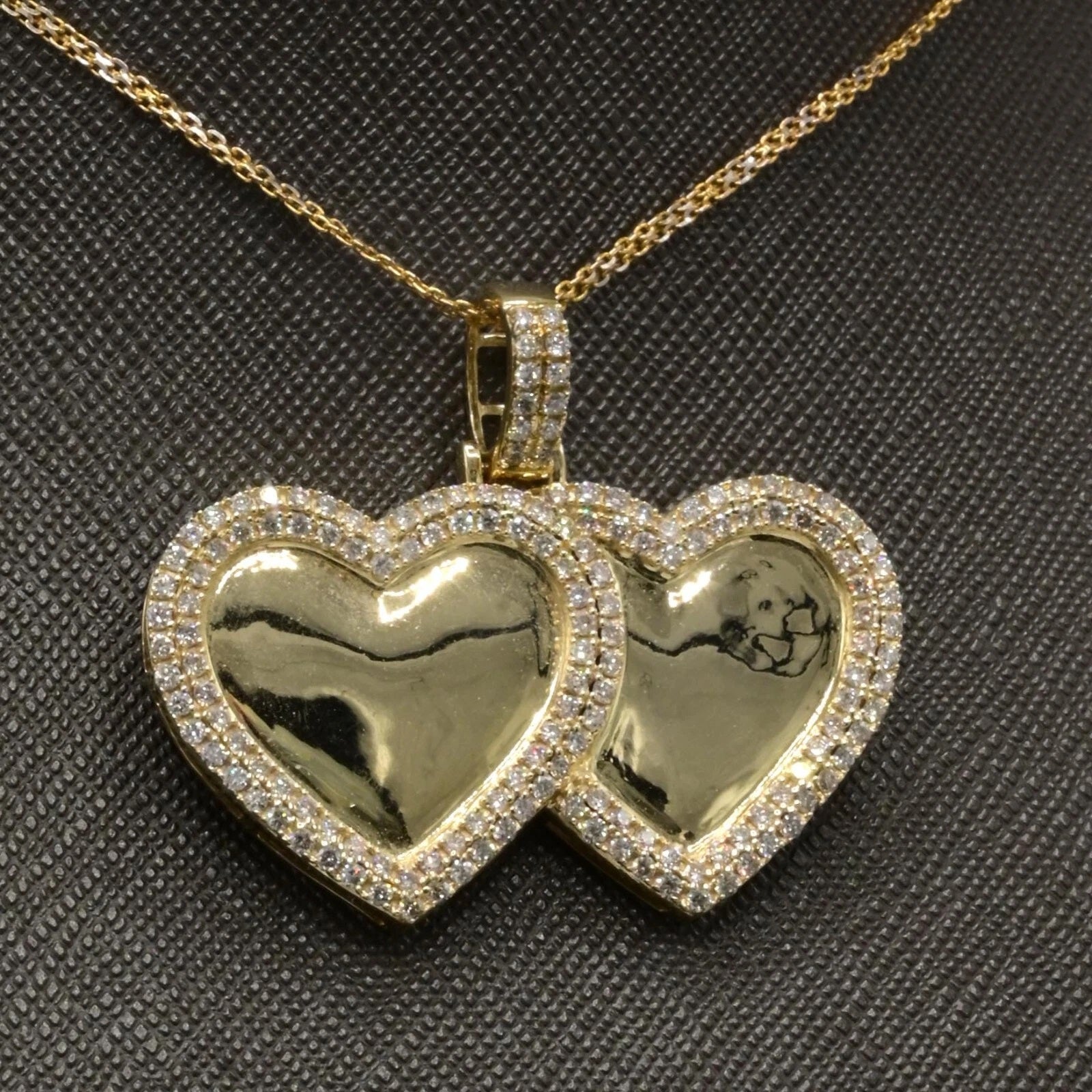10k Yellow Gold 1.79 CTW Diamond Double Heart Memory Pendant Diamond Bail Charm