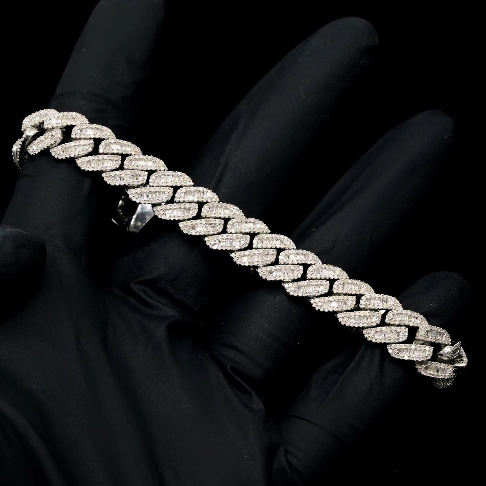 10MM Mens 925 Silver 6.25CTW Round/Baguette Natural Diamond Cuban Bracelet - 8In