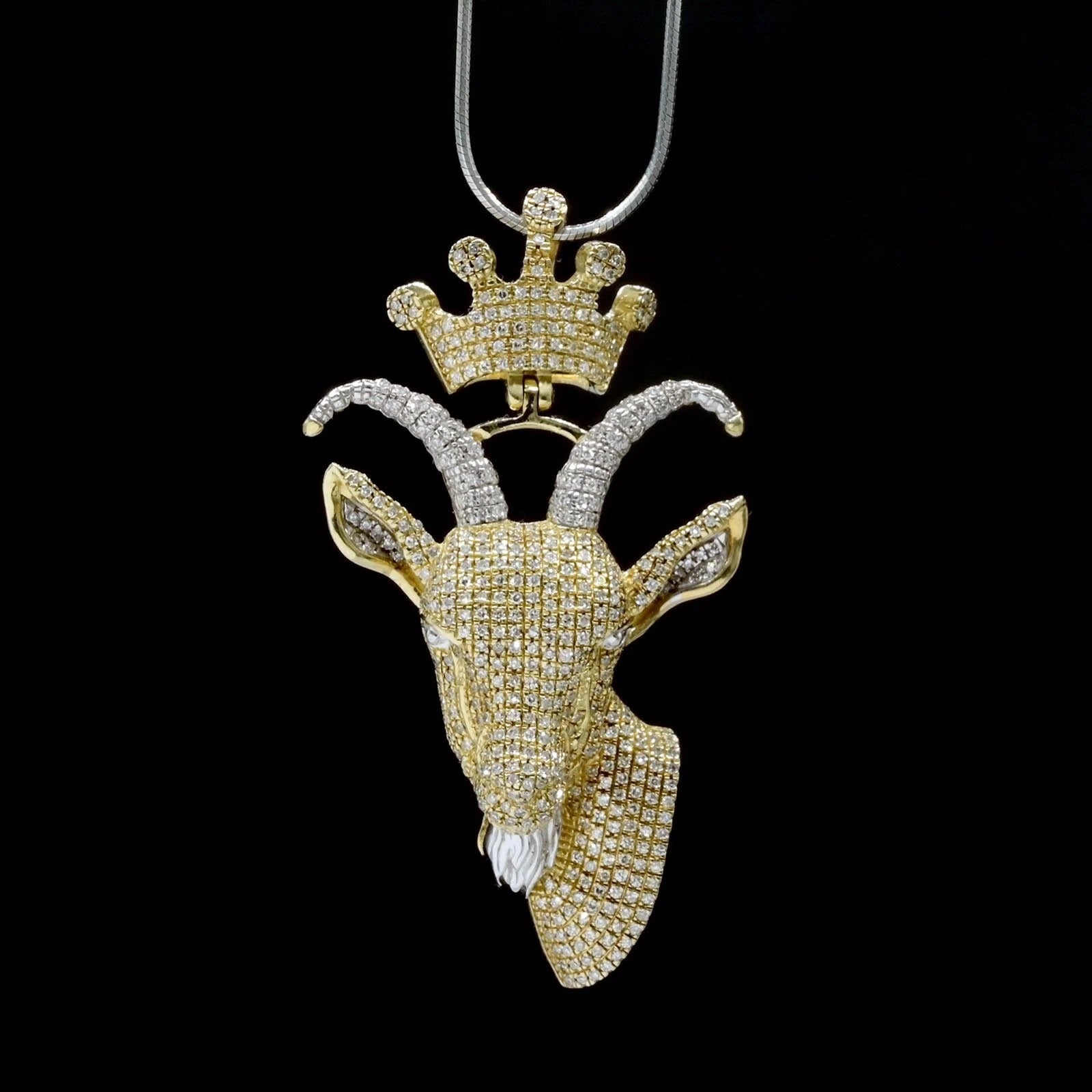 10k Yellow & White Gold 2 CTW Diamond Goat Head Crown Bail Pendant 10.55g Charm
