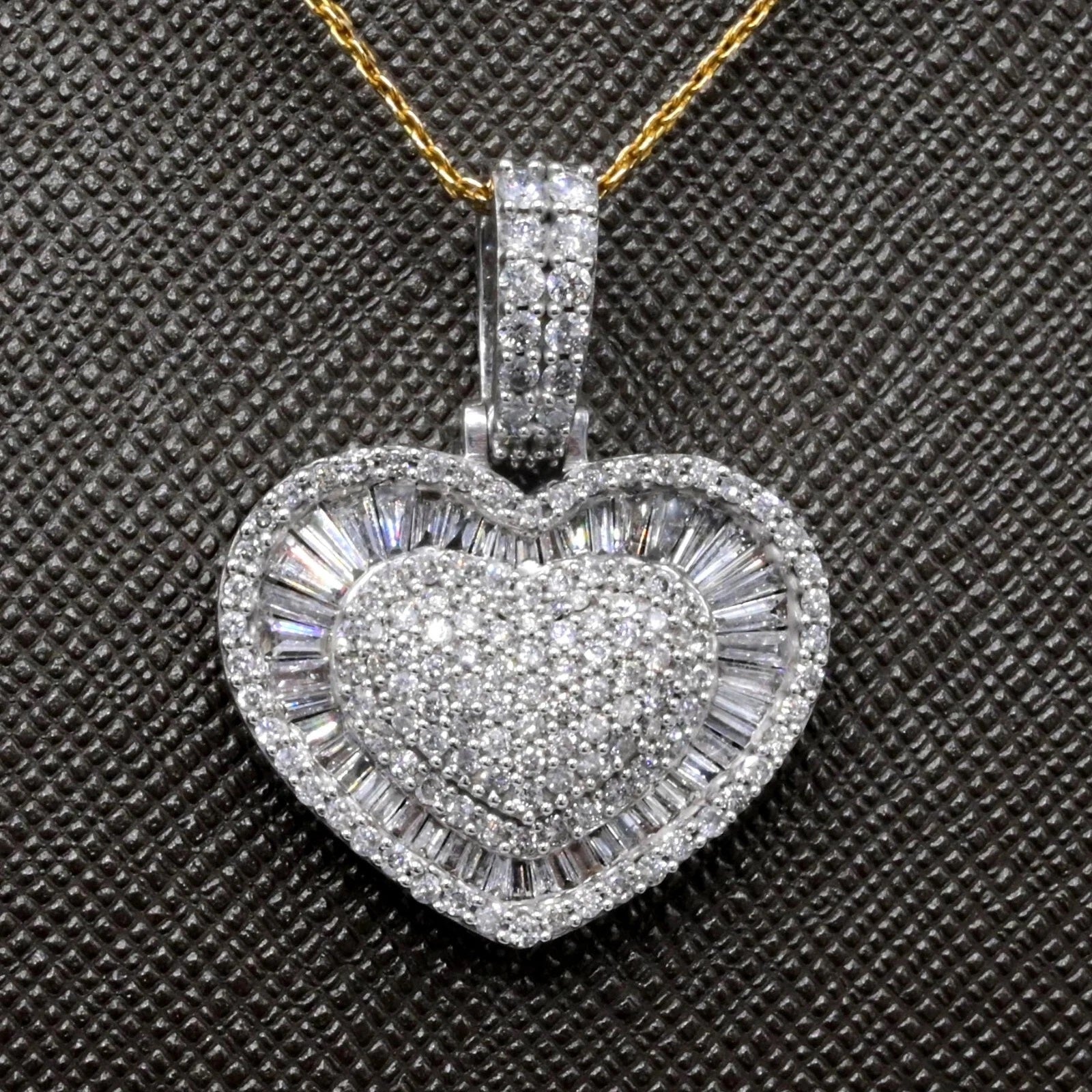 10k White Gold 1.75 CTW Baguette/Round Diamond Heart Pendant Diamond Bail Charm