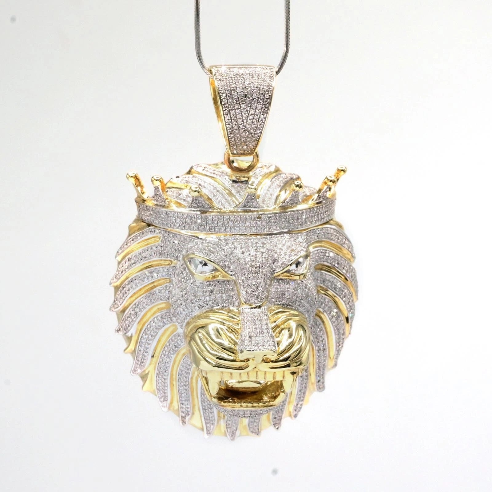 10k Yellow Gold 4 CTW Diamond 3D Lion Head with Crown Pendant 40.64g Men Charm