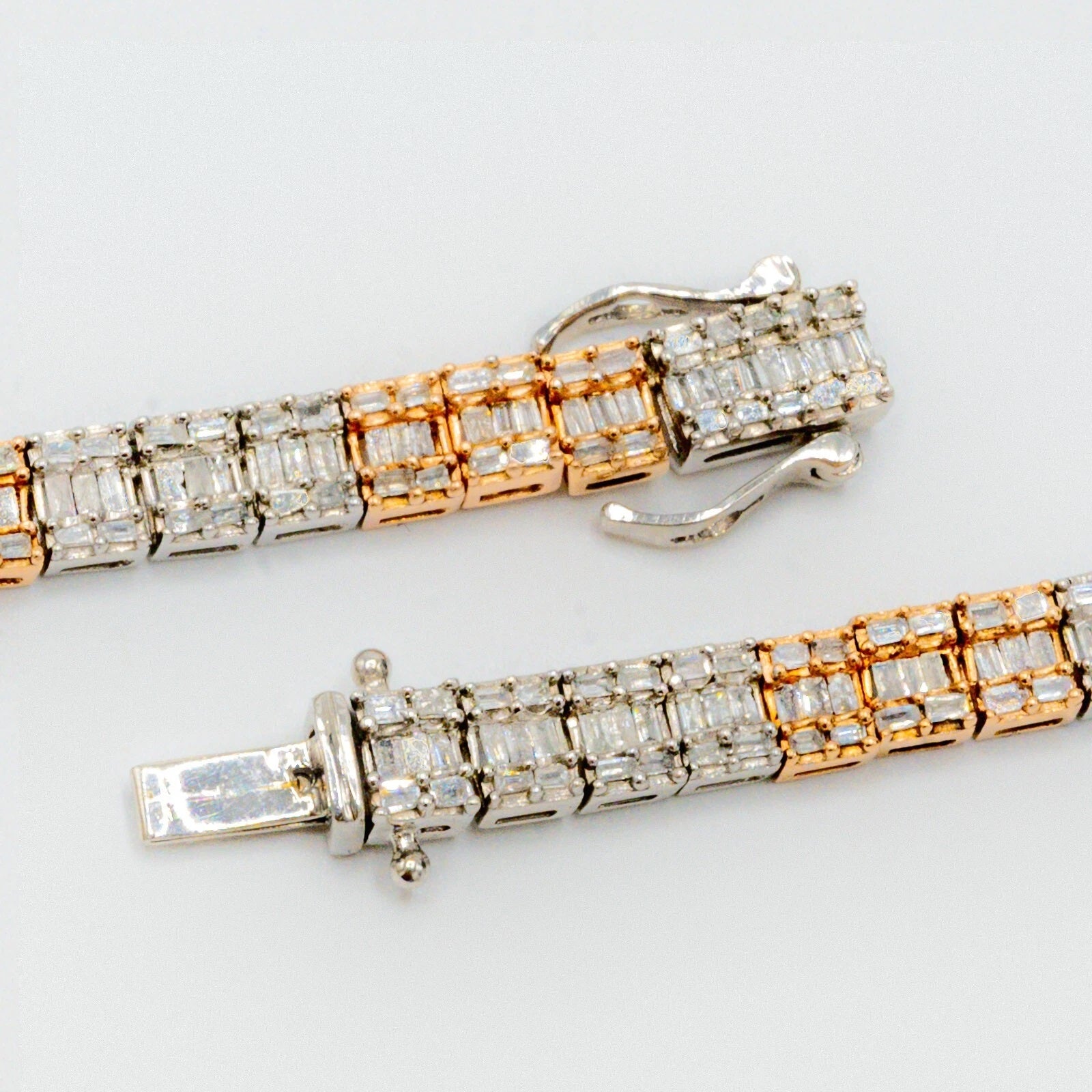 10k White & Rose Gold Round/Baguette 6.7 CTW Tennis Necklace 32.3g Chain - 22"