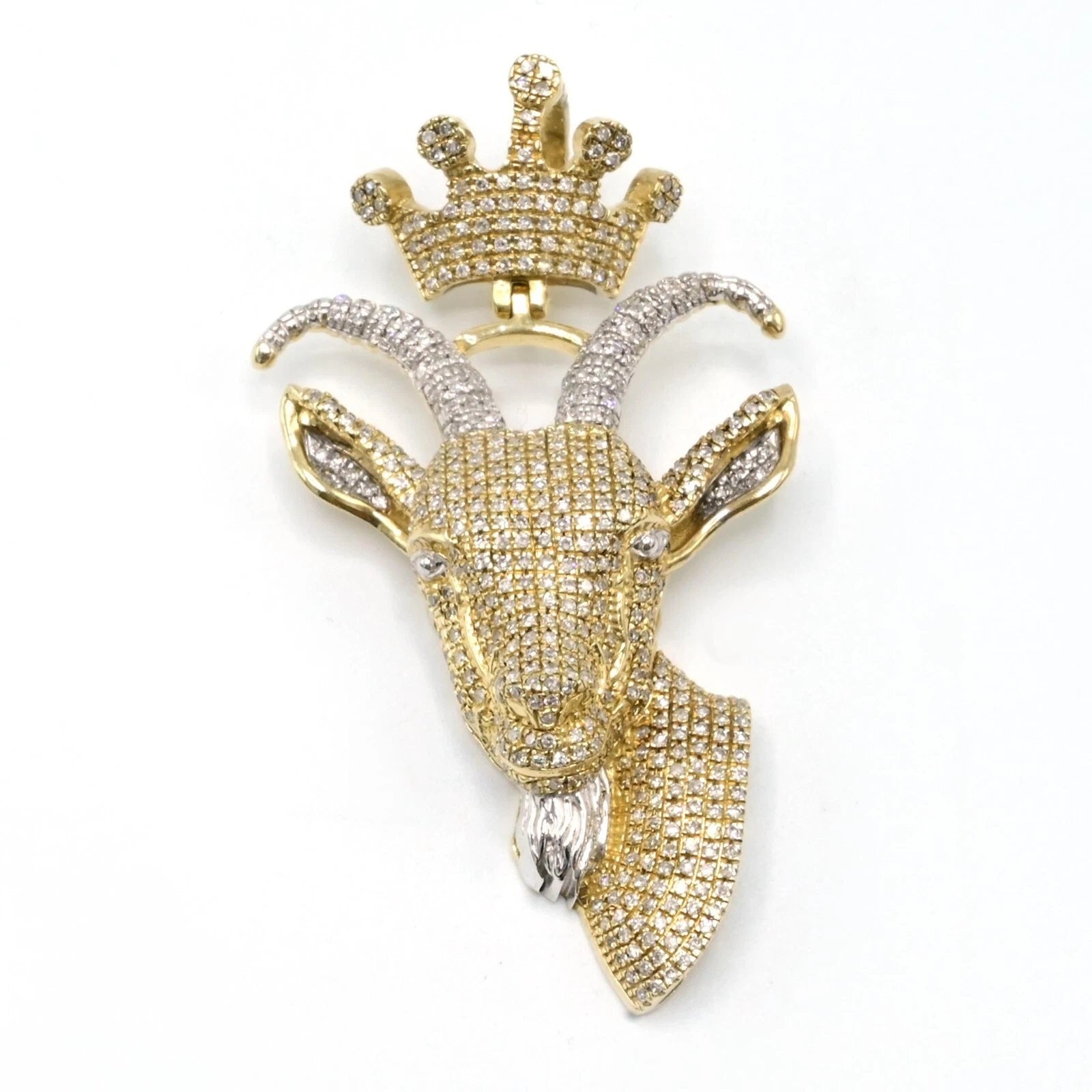 10k Yellow & White Gold 2 CTW Diamond Goat Head Crown Bail Pendant 10.55g Charm